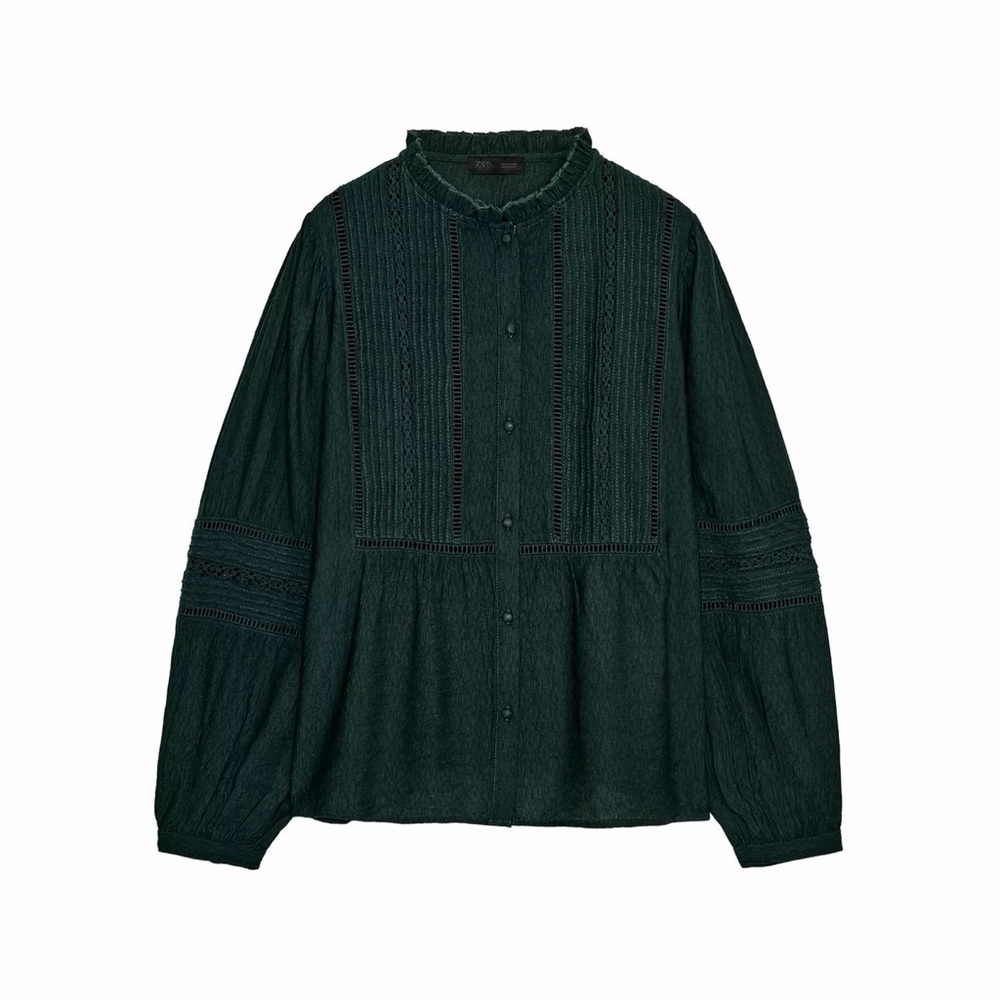 Zara Dark Green Lace-Panel Button Blouse